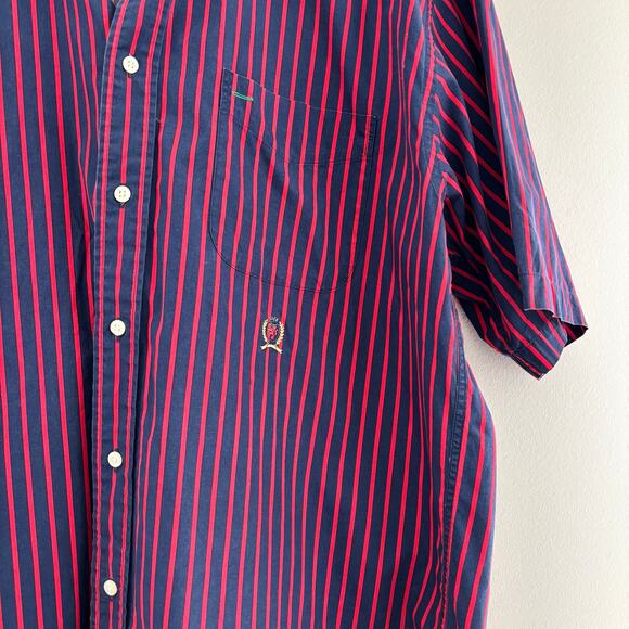Tommy Hilfiger Red Blue Striped Short Sleeve Button Down Size L - Picture 2 of 6